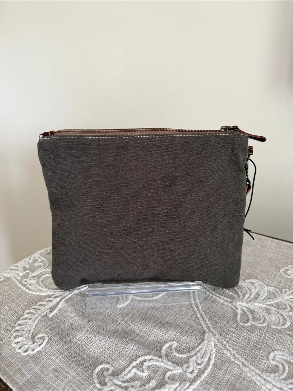 Myra NWOT Puzzled Pouch Wristlet Brown Leather & Beige fabric Wristlet Clutch
